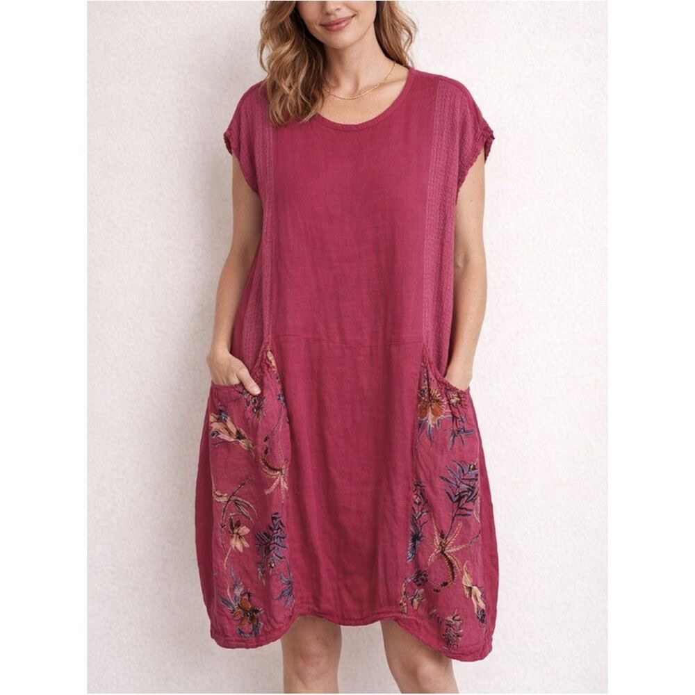 NT By Amati Linen Mixed Media Short Sleeve Midi Dress In Pink Size L